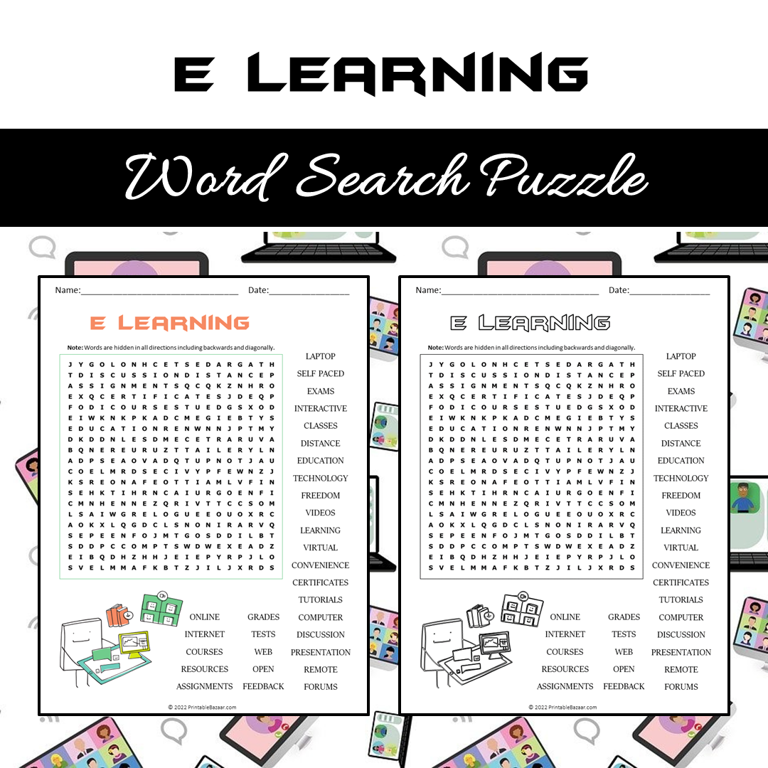 E Learning Word Search Puzzle Worksheet PDF