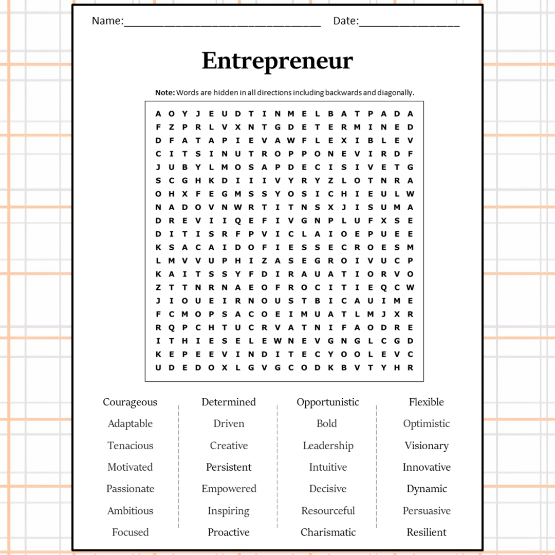 Entrepreneur Word Search Puzzle Worksheet Activity PDF