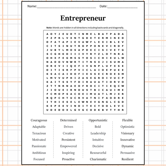 Entrepreneur Word Search Puzzle Worksheet Activity PDF