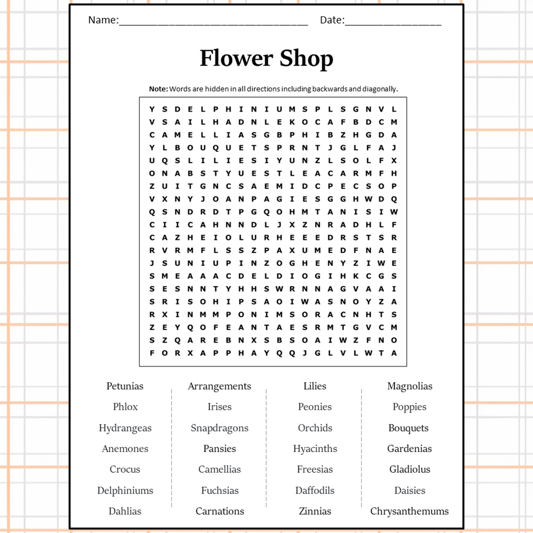 Flower Shop Word Search Puzzle Worksheet Activity PDF