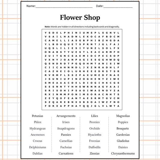 Flower Shop Word Search Puzzle Worksheet Activity PDF