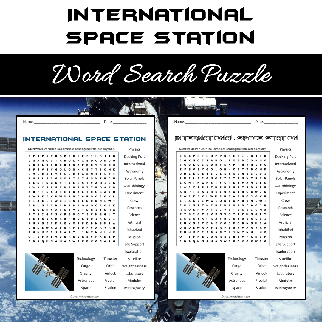 International Space Station Word Search Puzzle Worksheet PDF