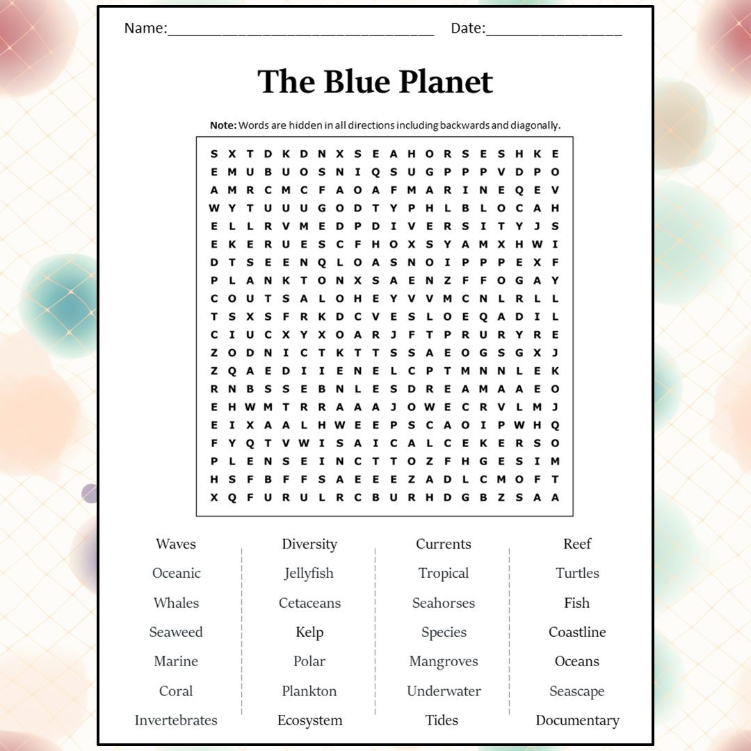 The Blue Planet Word Search Puzzle Worksheet Activity PDF