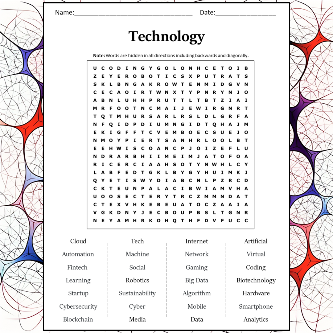 Technology Word Search Puzzle Worksheet Activity PDF