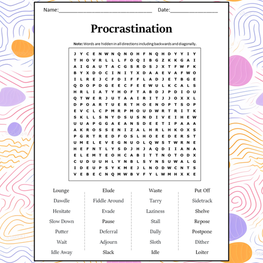 Procrastination Word Search Puzzle Worksheet Activity PDF