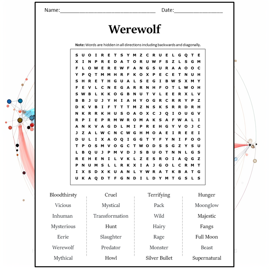 Werewolf Word Search Puzzle Worksheet Activity PDF