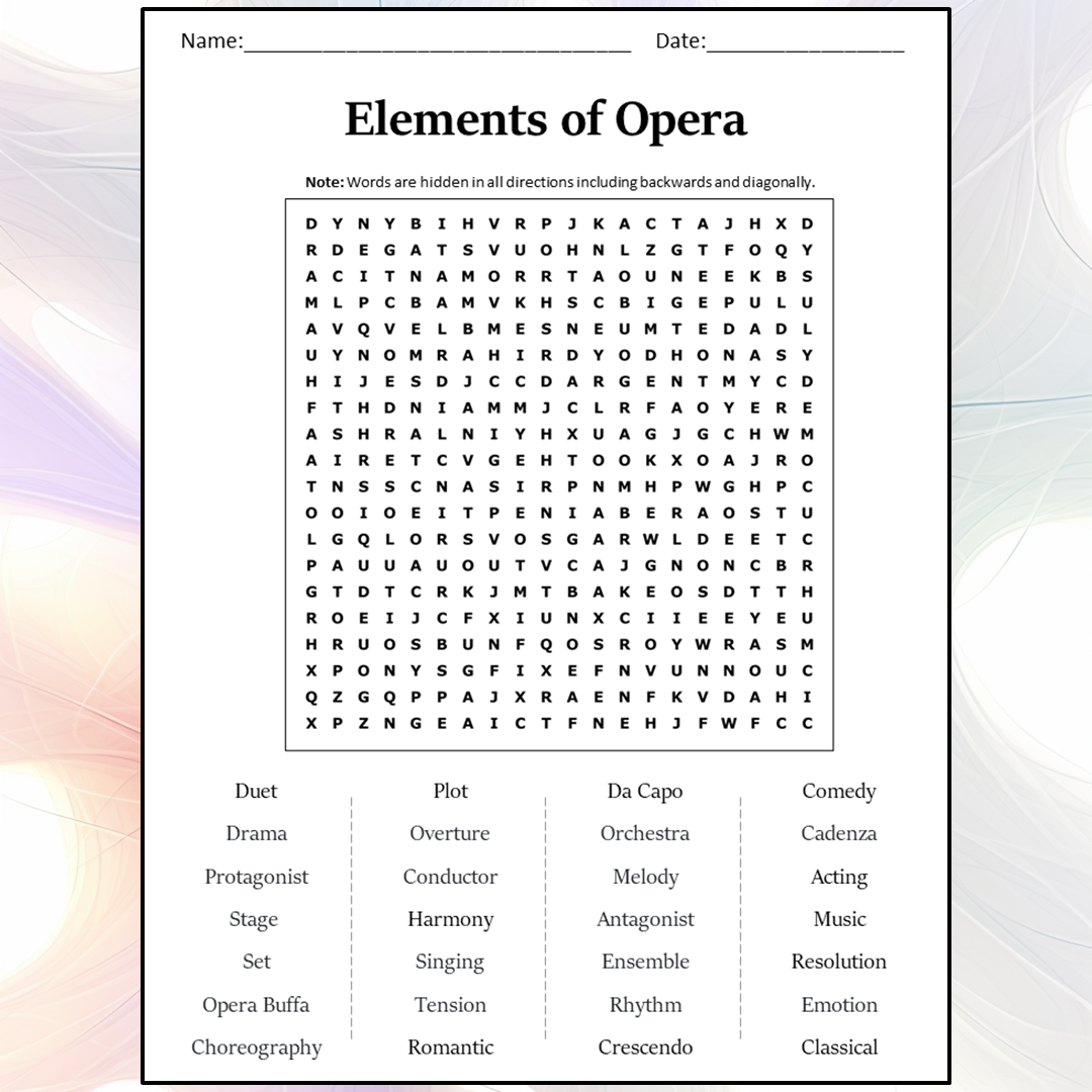 Elements Of Opera Word Search Puzzle Worksheet Activity PDF