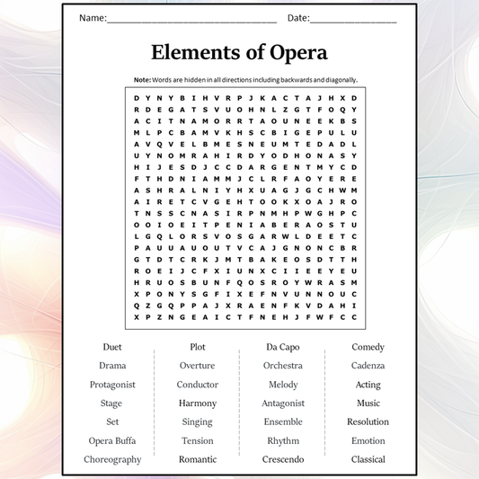 Elements Of Opera Word Search Puzzle Worksheet Activity PDF