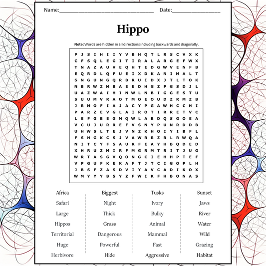 Hippo Word Search Puzzle Worksheet Activity PDF