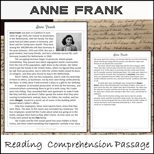 Anne Frank Reading Comprehension Passage and Questions | Printable PDF