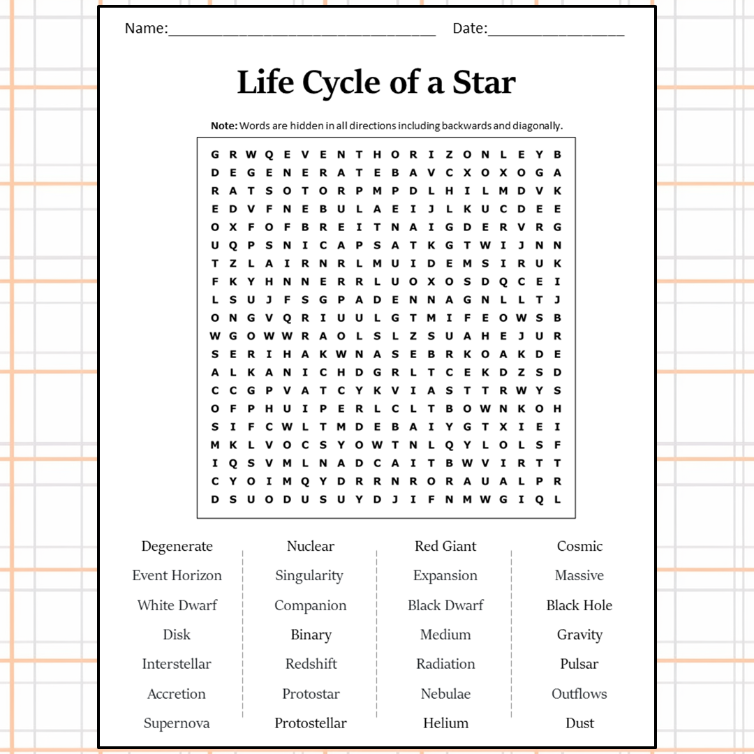 Life Cycle Of A Star Word Search Puzzle Worksheet Activity PDF