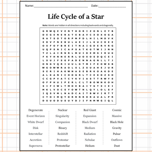 Life Cycle Of A Star Word Search Puzzle Worksheet Activity PDF