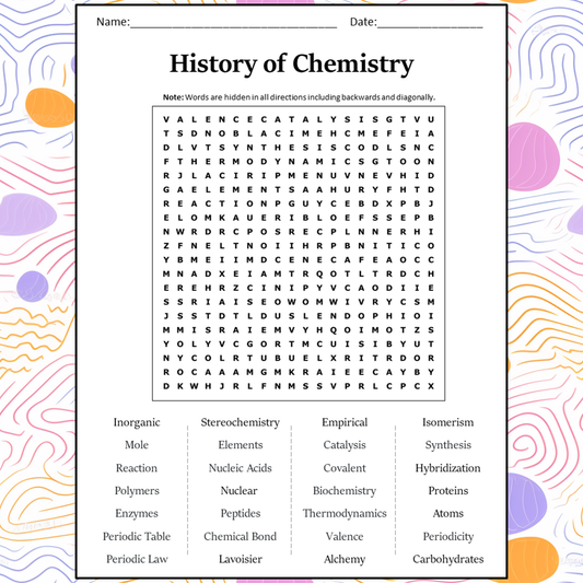 History Of Chemistry Word Search Puzzle Worksheet Activity PDF