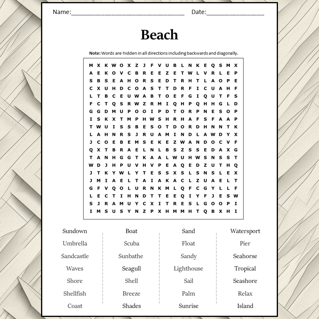 Beach Word Search Puzzle Worksheet Activity PDF – PrintableBazaar