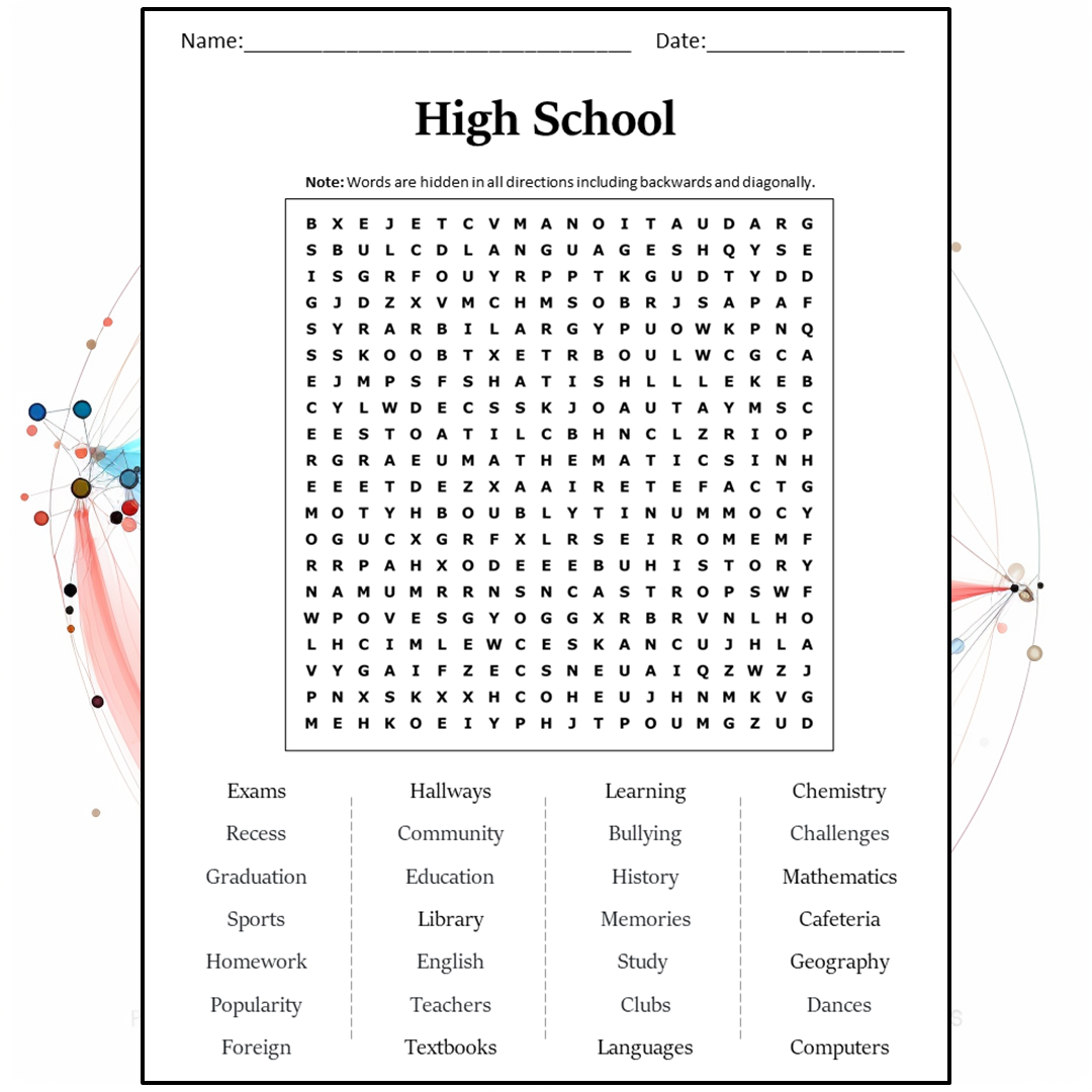 High School Word Search Puzzle Worksheet Activity PDF