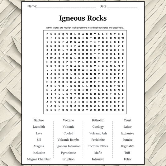 Igneous Rocks Word Search Puzzle Worksheet Activity PDF