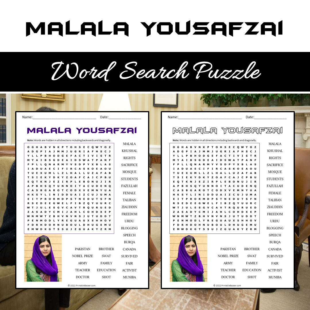 Malala Yousafzai Word Search Puzzle Worksheet PDF