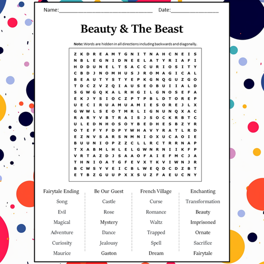 Beauty & The Beast Word Search Puzzle Worksheet Activity PDF