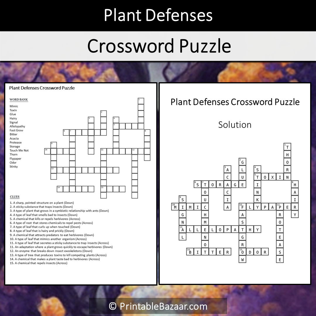 Plant Defenses Crossword Puzzle Worksheet Activity Printable PDF