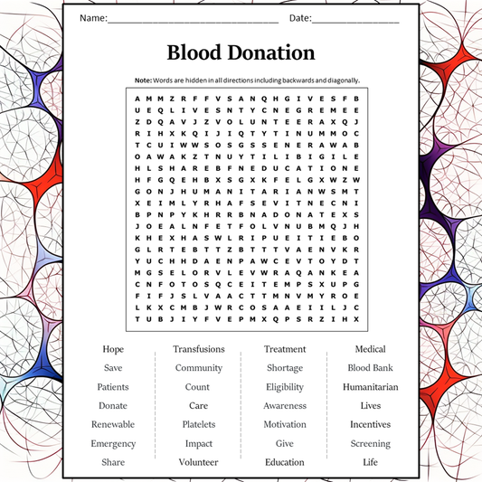 Blood Donation Word Search Puzzle Worksheet Activity PDF