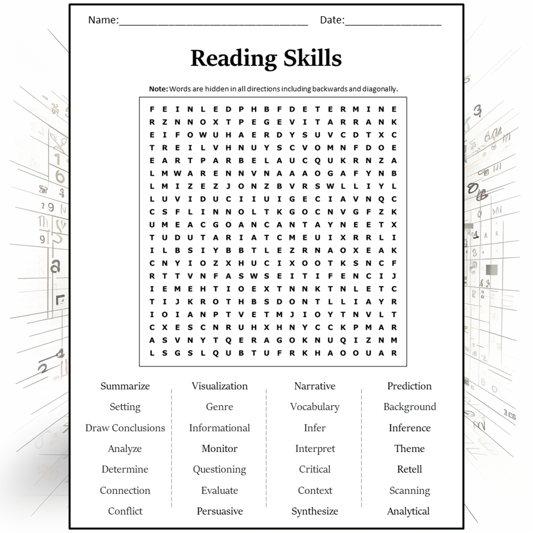 Reading Skills Word Search Puzzle Worksheet Activity PDF