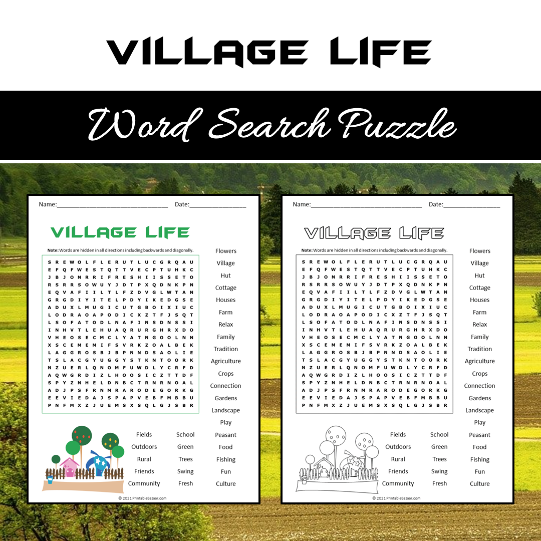 Village Life Word Search Puzzle Worksheet PDF