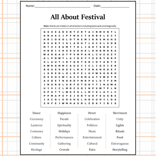 All About Festival Word Search Puzzle Worksheet Activity PDF