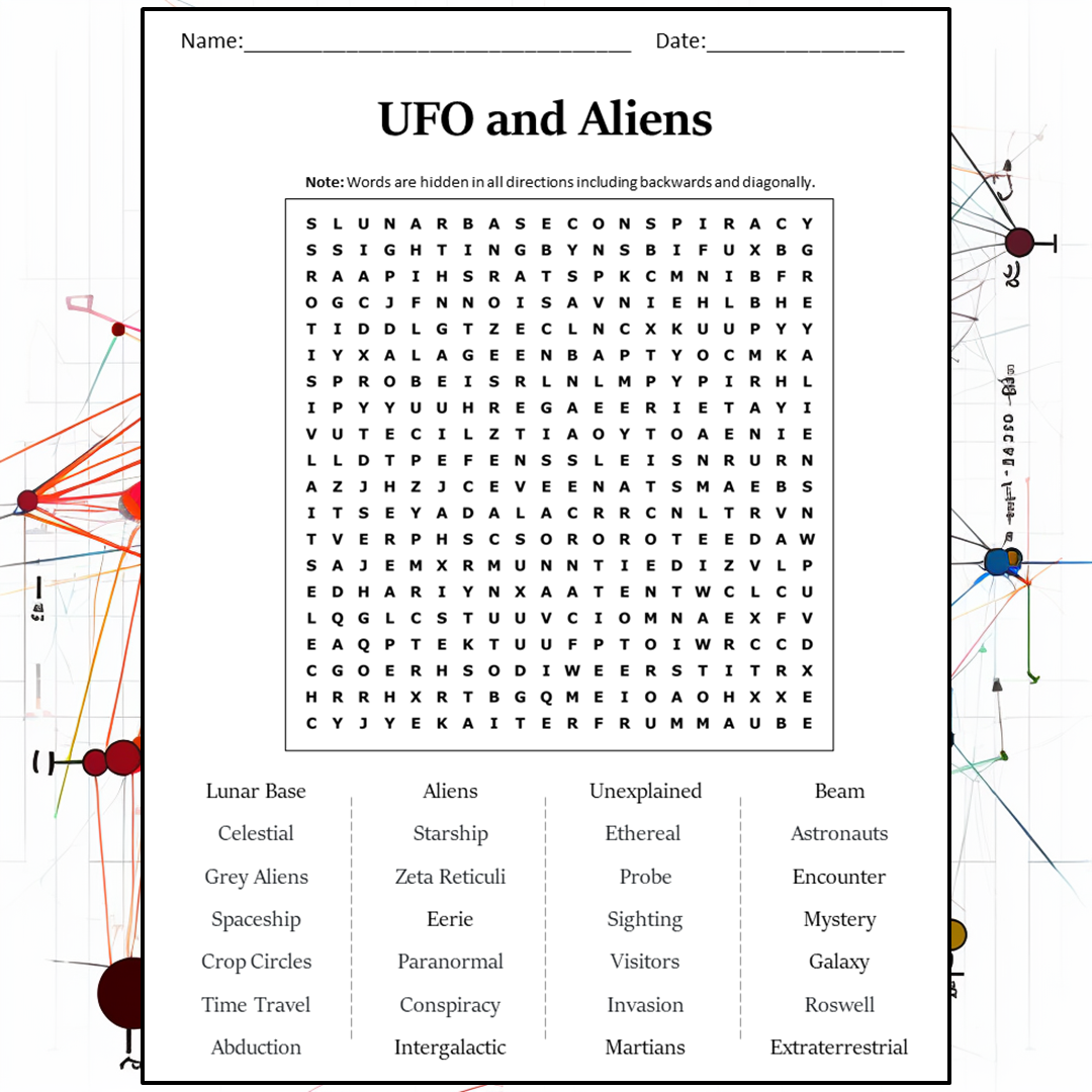 Ufo And Aliens Word Search Puzzle Worksheet Activity PDF