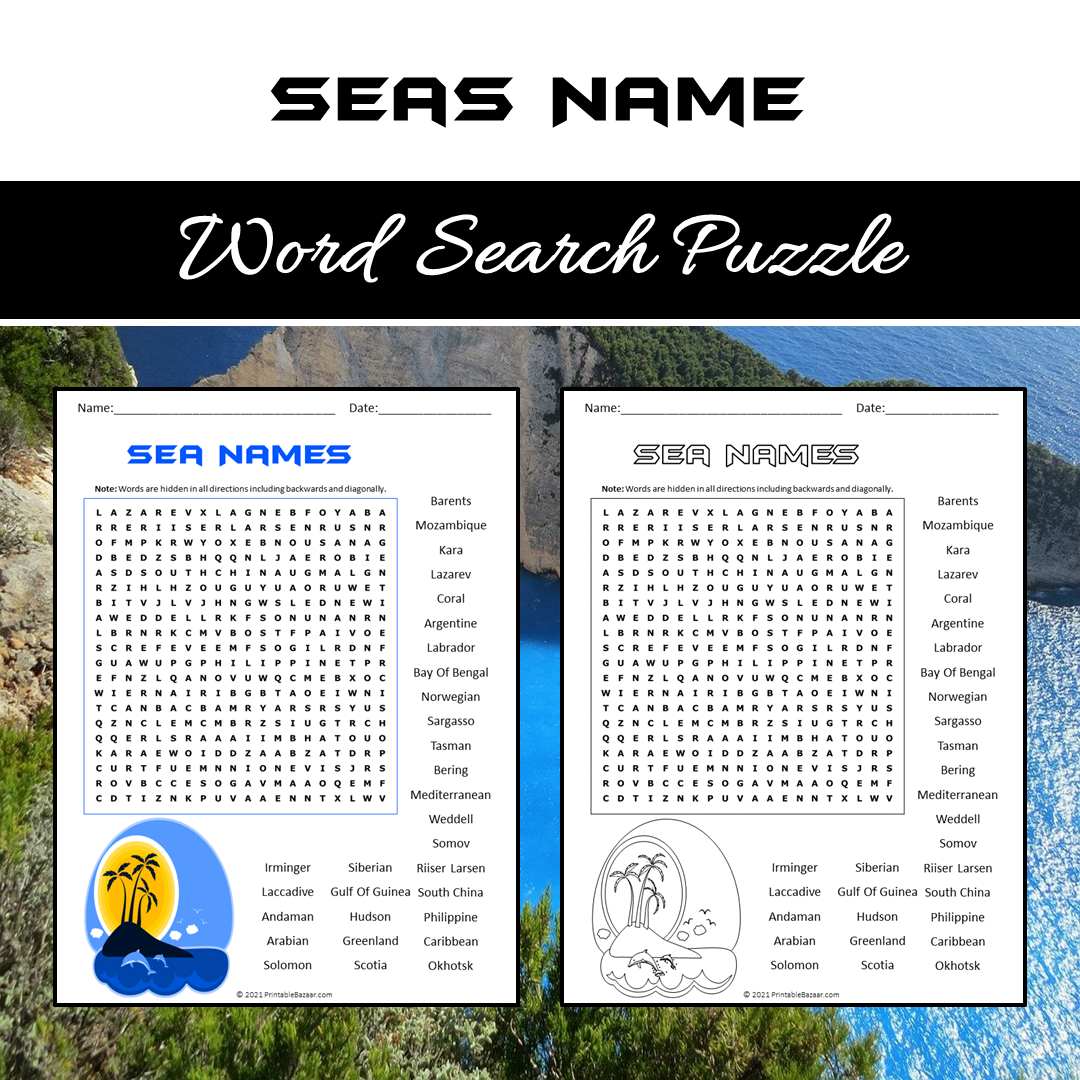 Sea Names Word Search Puzzle Worksheet PDF