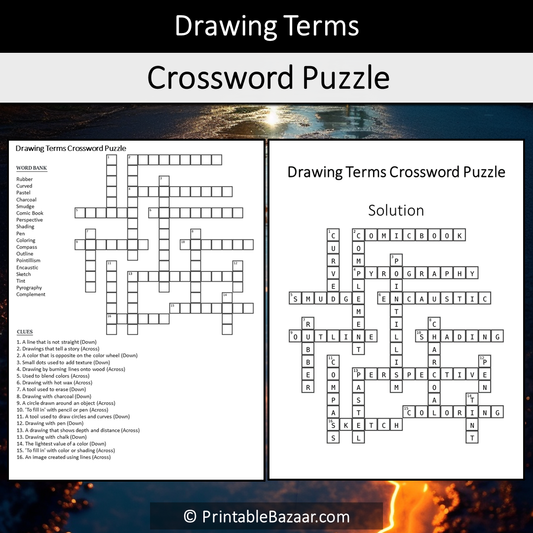 Drawing Terms Crossword Puzzle Worksheet Activity Printable PDF