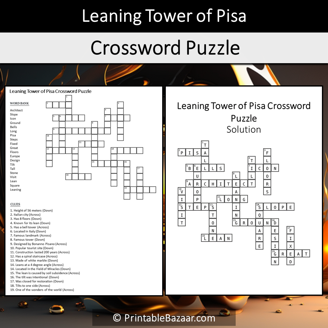 Leaning Tower Of Pisa Crossword Puzzle Worksheet Activity Printable PDF