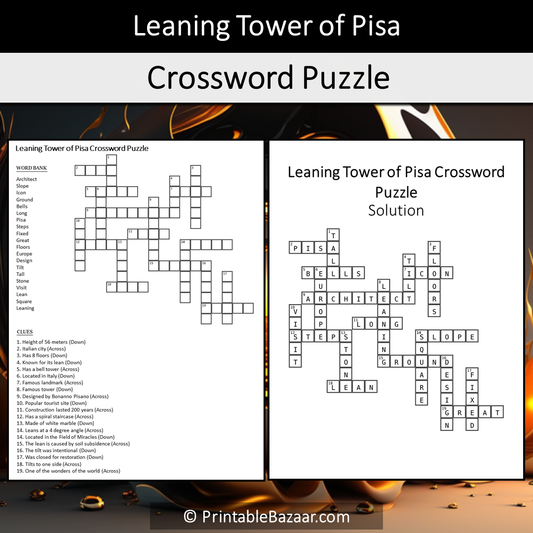 Leaning Tower Of Pisa Crossword Puzzle Worksheet Activity Printable PDF