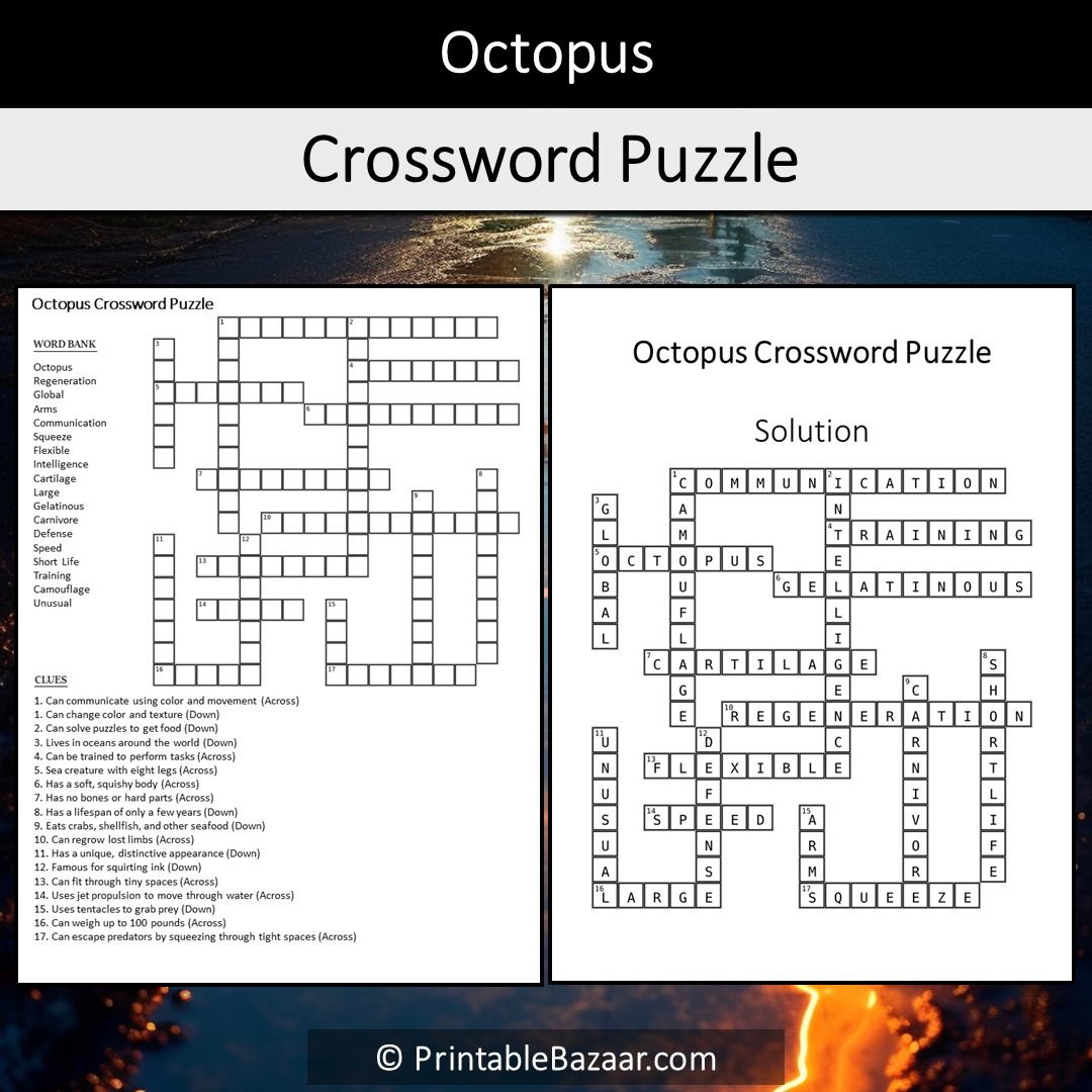 Octopus Crossword Puzzle Worksheet Activity Printable PDF