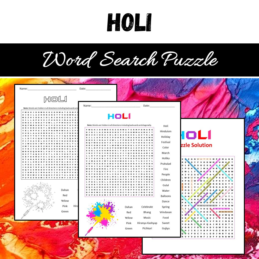 Holi Word Search Puzzle Worksheet PDF