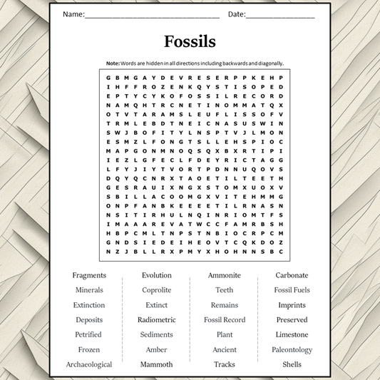 Fossils Word Search Puzzle Worksheet Activity PDF