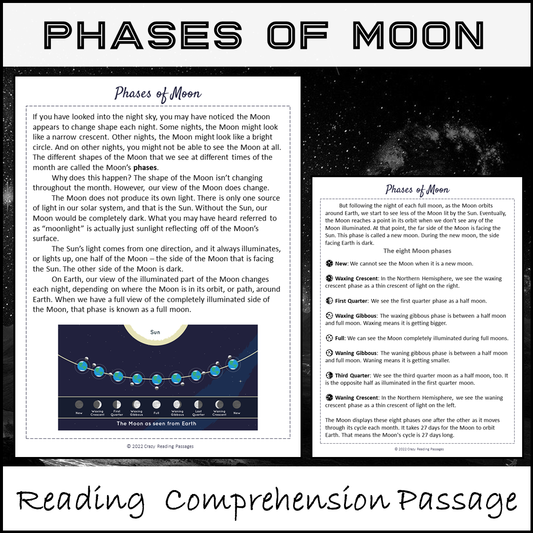 Phases Of Moon Reading Comprehension Passage and Questions | Printable PDF