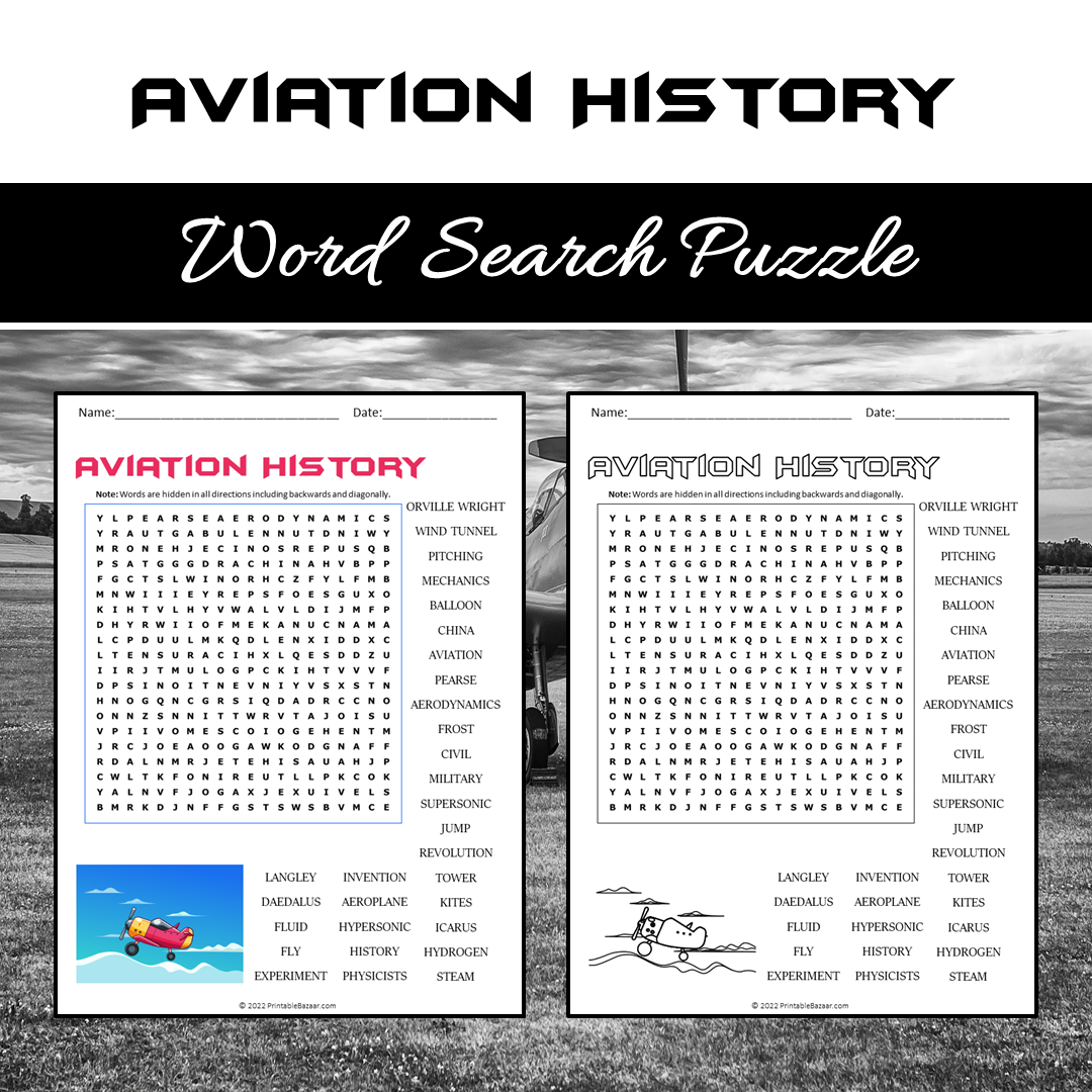 Aviation History Word Search Puzzle Worksheet PDF