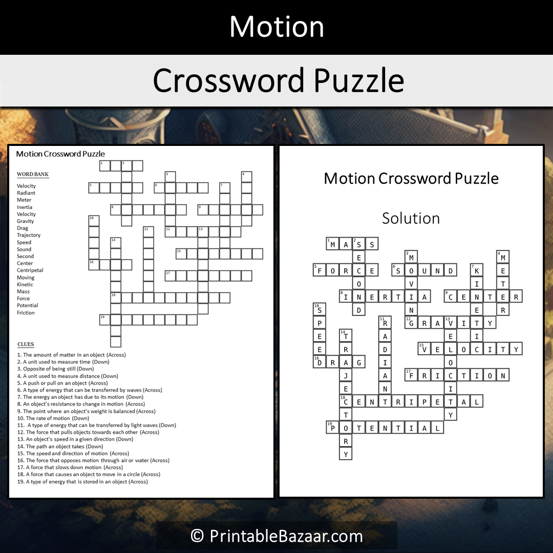 Motion Crossword Puzzle Worksheet Activity Printable PDF