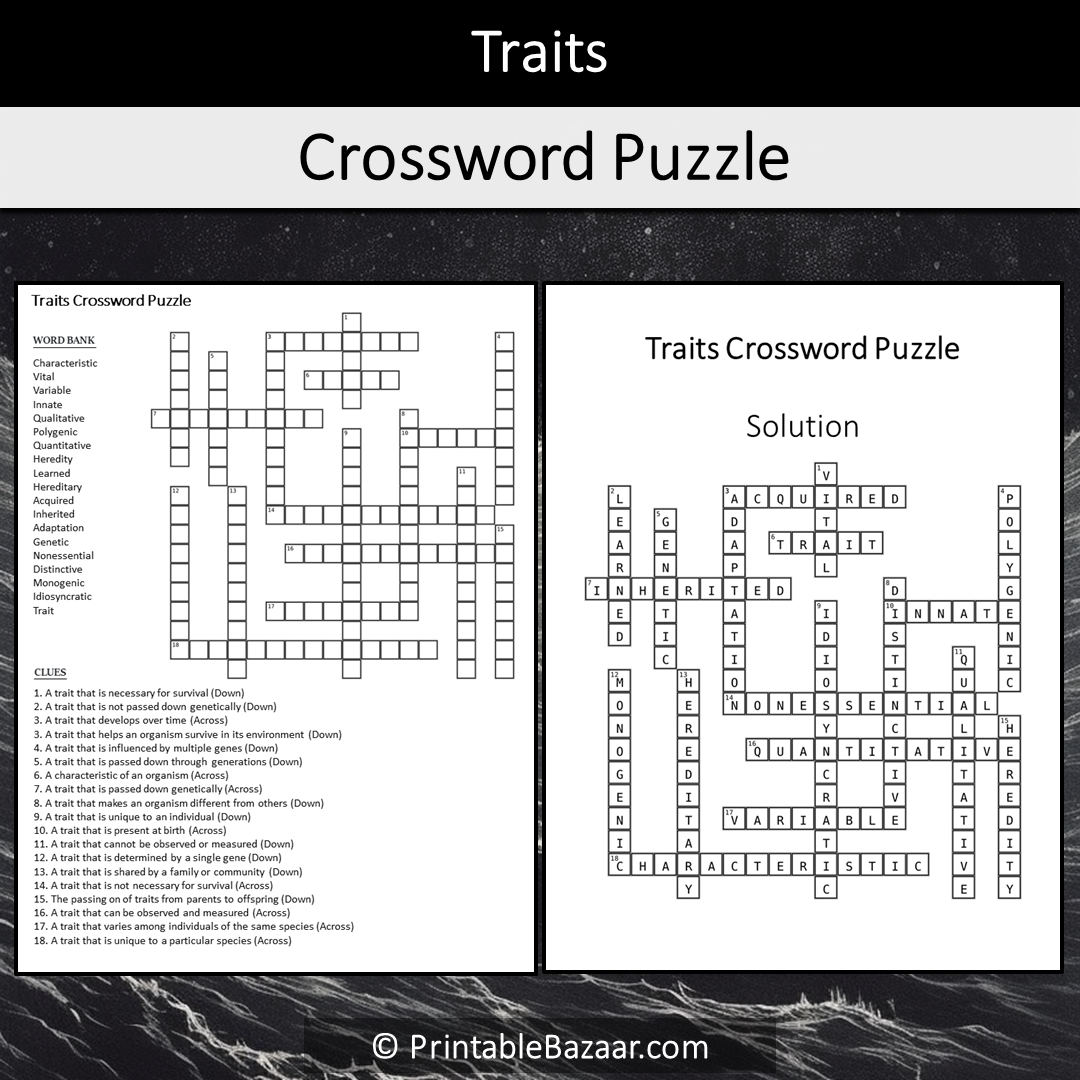 Traits Crossword Puzzle Worksheet Activity Printable PDF