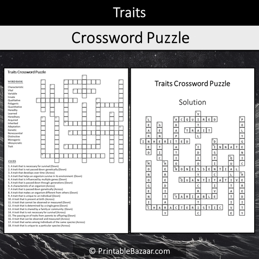 Traits Crossword Puzzle Worksheet Activity Printable PDF