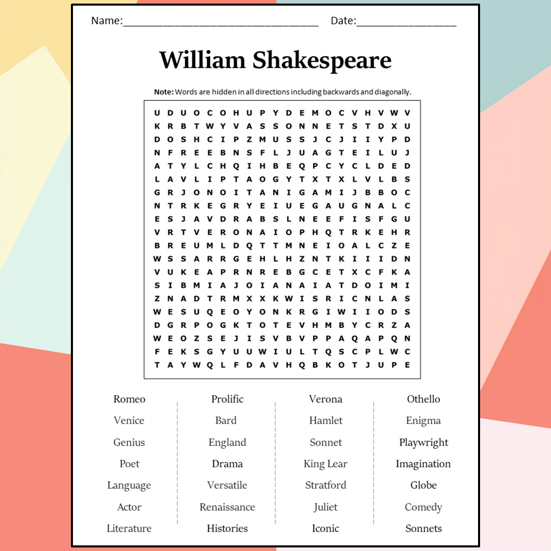 William Shakespeare Word Search Puzzle Worksheet Activity PDF