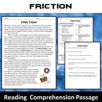 Friction Reading Comprehension Passage and Questions