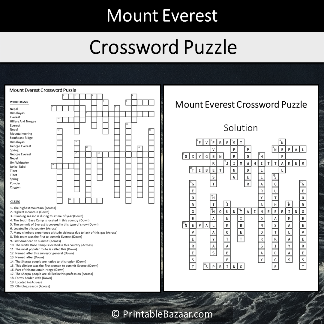 Mount Everest Crossword Puzzle Worksheet Activity Printable PDF