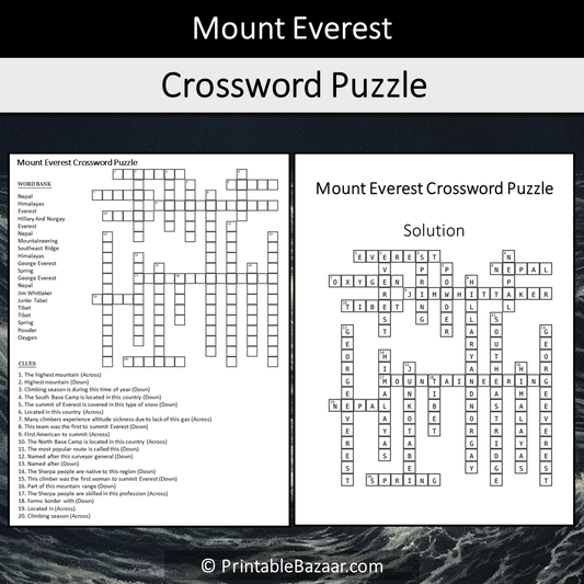 Mount Everest Crossword Puzzle Worksheet Activity Printable PDF