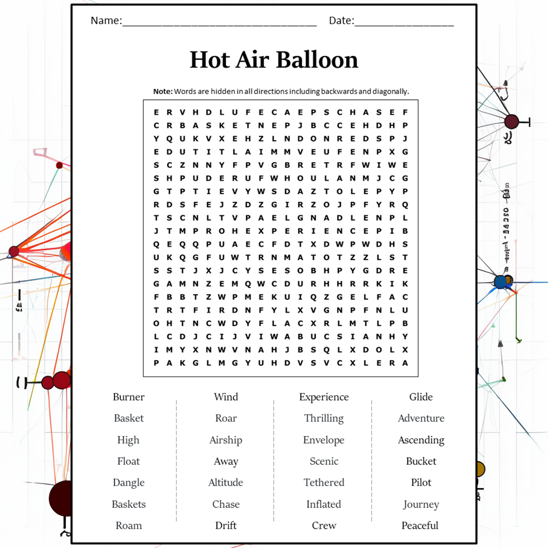 Hot Air Balloon Word Search Puzzle Worksheet Activity PDF