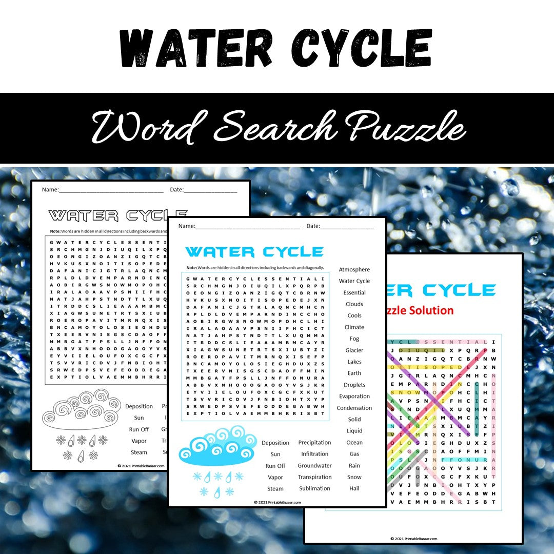 Water Cycle Word Search Puzzle Worksheet PDF