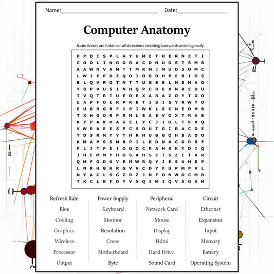 Computer Anatomy Word Search Puzzle Worksheet Activity PDF