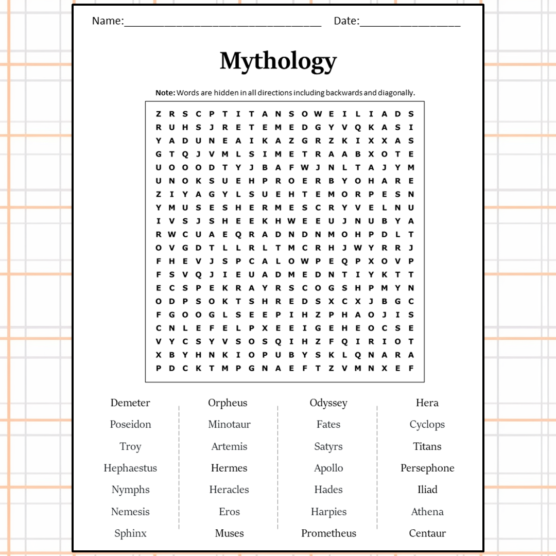 Mythology Word Search Puzzle Worksheet Activity PDF