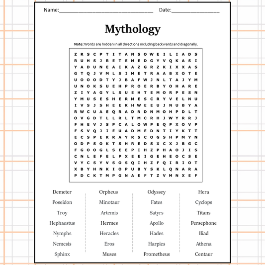 Mythology Word Search Puzzle Worksheet Activity PDF