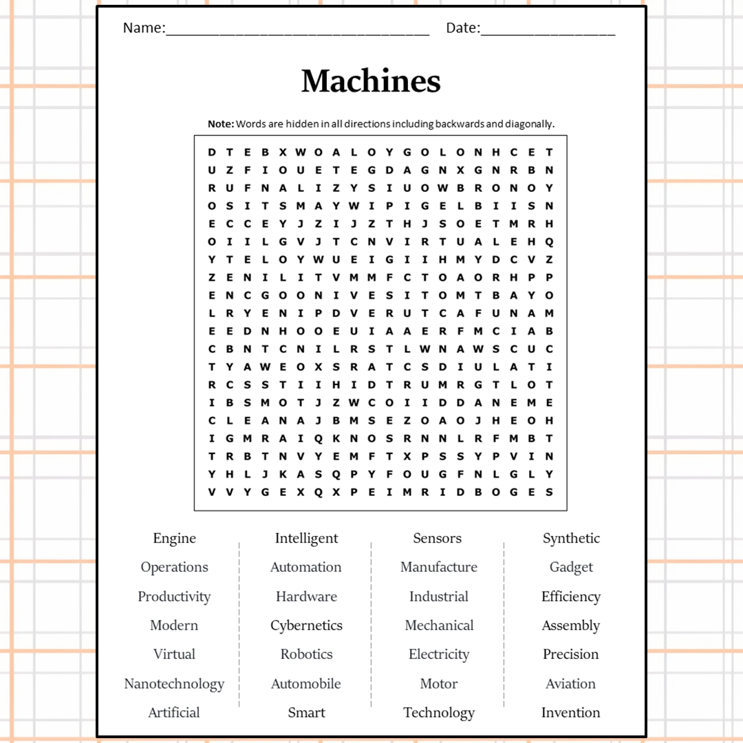 Machines Word Search Puzzle Worksheet Activity PDF